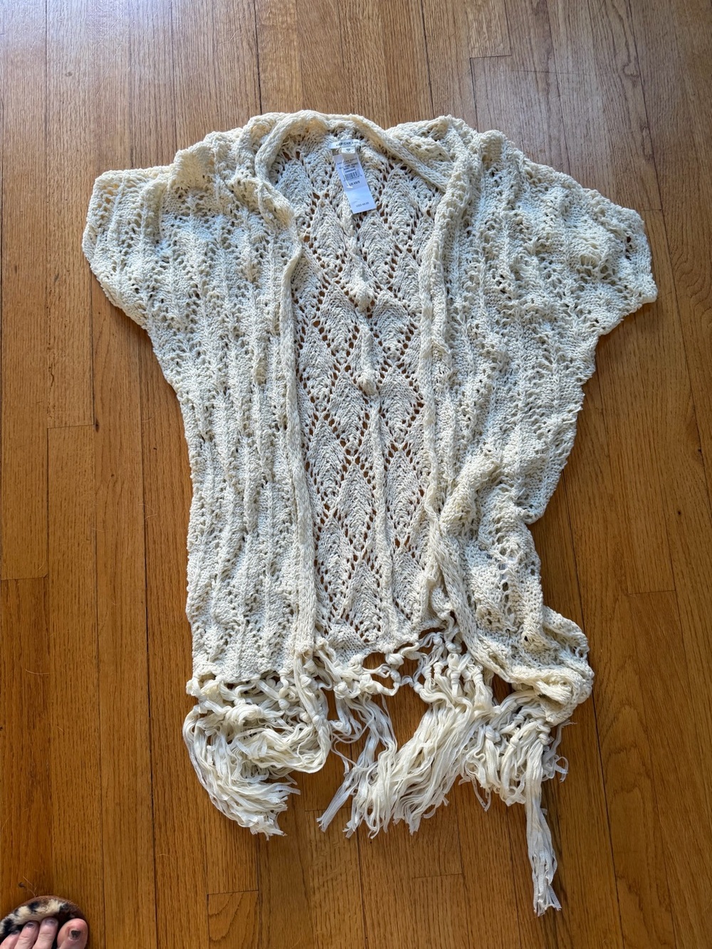 American Eagle Open-Knit Fringe Short-Sleeve Cardigan Sweater - Cream
